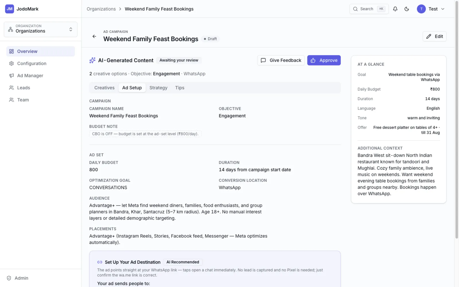 A JodoMark campaign's Meta ad setup, ready to launch in Ads Manager